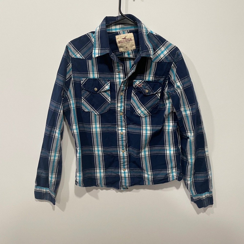 Hollister Mens Plaid Long Sleeve Snap Button Shirt Blue Turquoise M‎